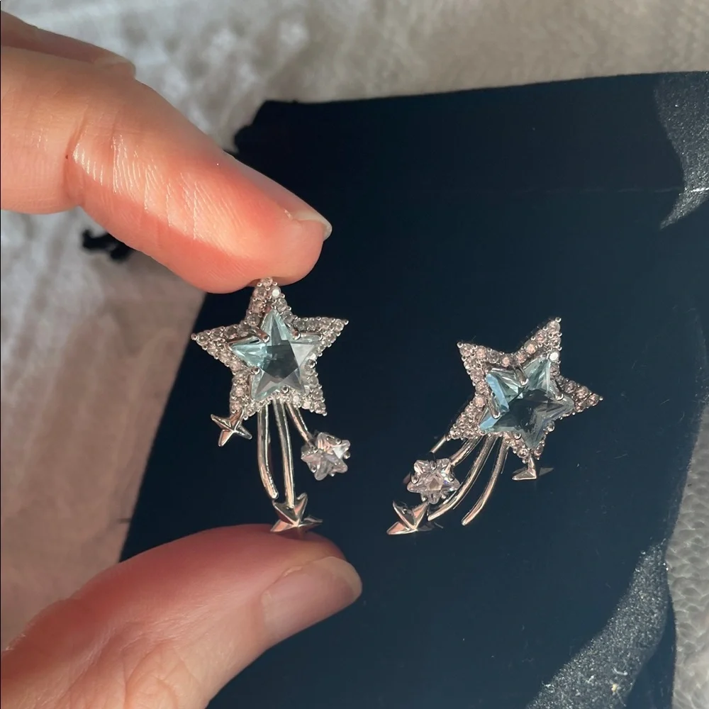 Zirconia Star Silver Starburst Earrings Crystal blue topaz